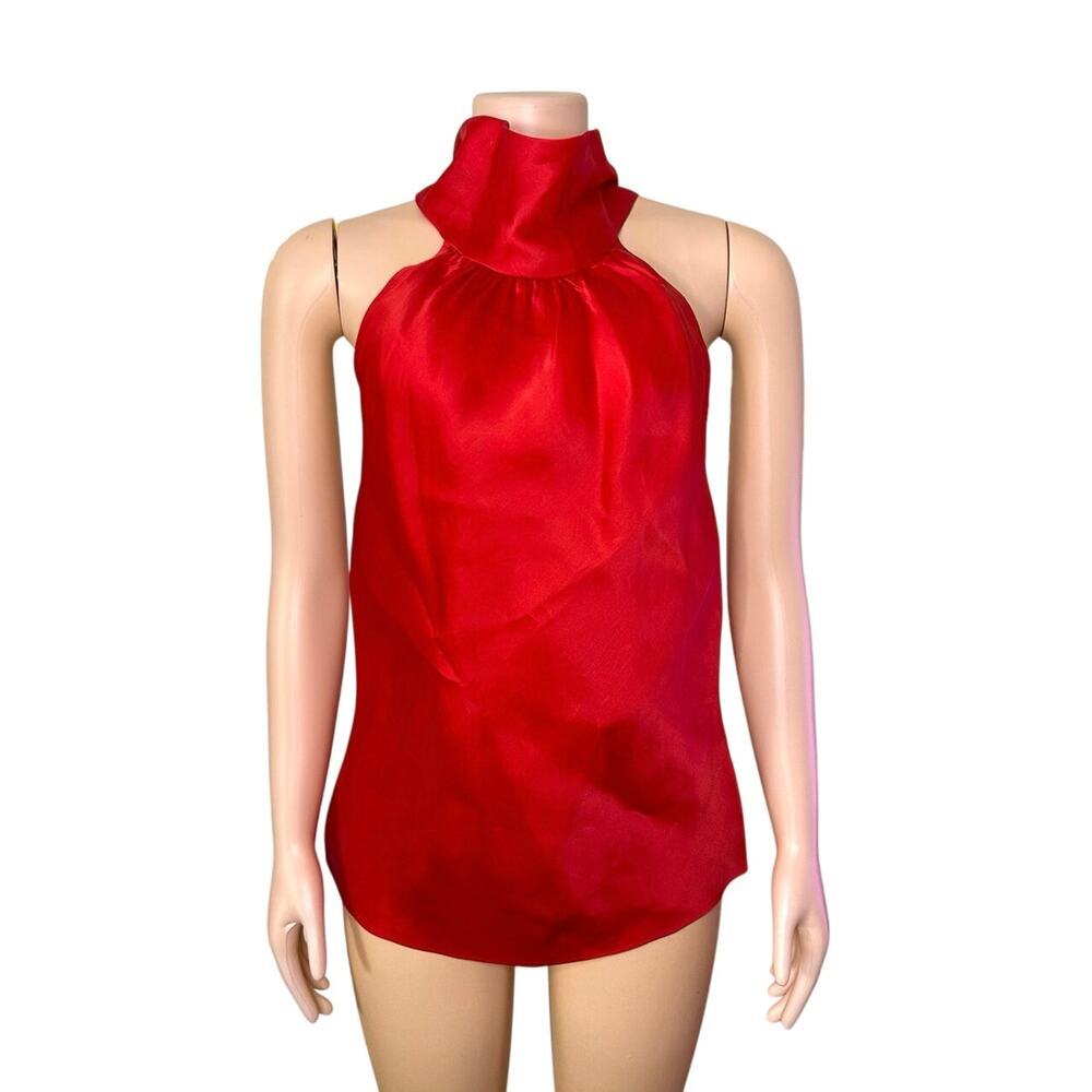St. John Evening 100% Silk Enamel Red Women’s Halter Tie Neck Blouse Size 10 NWT